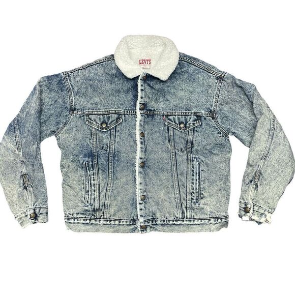 Vintage Levi’s Sherpa Lined Trucker Jean Jacket Size XL Acid Wash USA Distressed - Picture 1 of 11